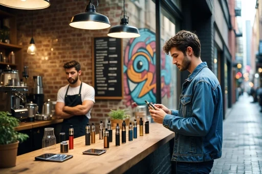 Young adult considering what to ask when buying a vape in a Melbourne cafe.
